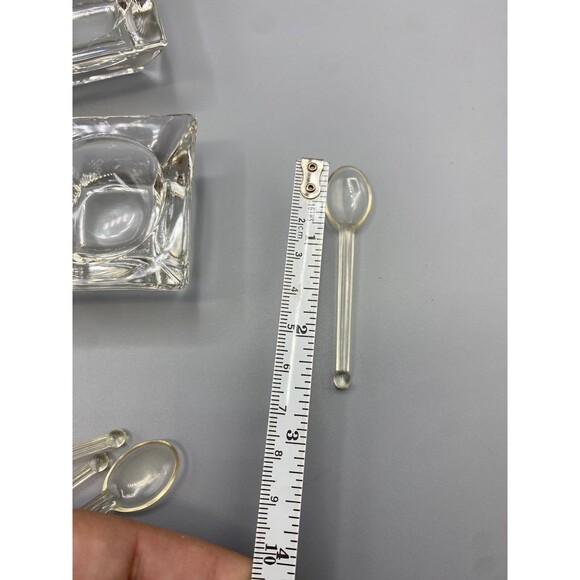 VINTAGE 2" GLASS SQUARE OPEN SALT CELLARS W/PLASTIC SPOONS - Picture 9 of 9